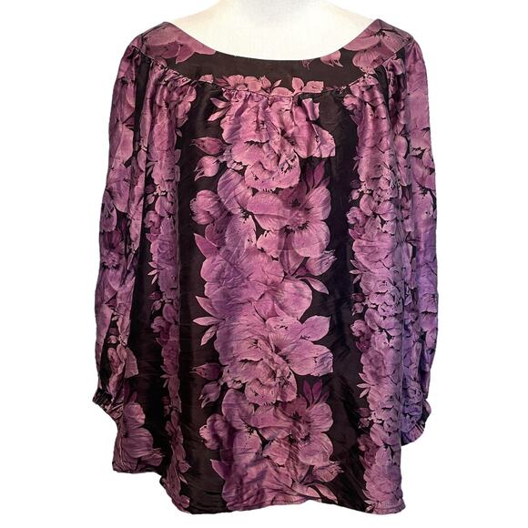 Nanette Lepore Floral Silk Top Womens Size 6 Plum Boat Neck Silky Career Blouse - Picture 1 of 7